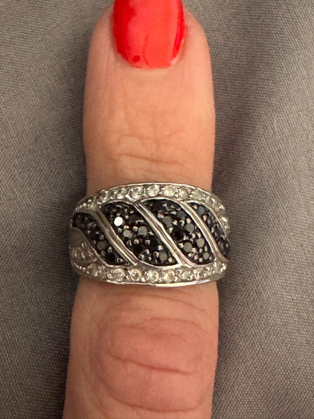 Sterling Silver 925 Black & White CZ Statement Ring Wide Band Cocktail Ring - Picture 10 of 11